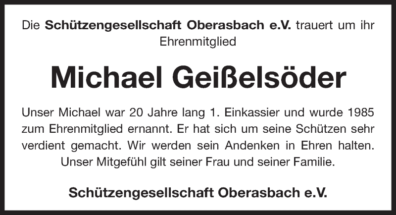  Traueranzeige für Michael Geißelsöder vom 10.02.2017 aus Fürther Nachrichten Lokal