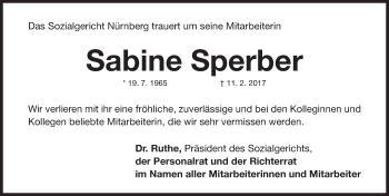 Traueranzeige von Sabine Sperber von Gesamtausgabe Nürnberger Nachrichten/ Nürnberger Ztg.