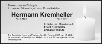 Traueranzeige von Hermann Kremheller von Gesamtausgabe Nürnberger Nachrichten/ Nürnberger Ztg.