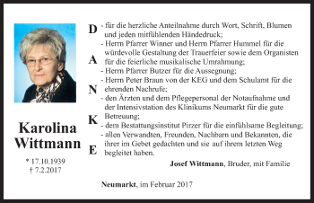 Traueranzeige von Karolina Wittmann von Neumarkter Nachrichten Lokal