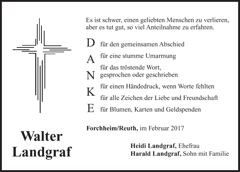  Traueranzeige für Walter Landgraf vom 15.02.2017 aus Nordbayerische Nachrichten Forchheim Lokal