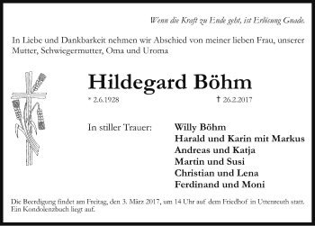 Traueranzeige von Hildegard Böhm von Erlanger Nachrichten Lokal