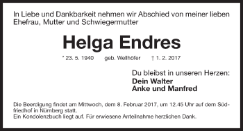 Traueranzeige von Helga Endres von Gesamtausgabe Nürnberger Nachrichten/ Nürnberger Ztg.