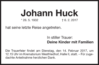 Traueranzeige von Johann Huck von Gesamtausgabe Nürnberger Nachrichten/ Nürnberger Ztg.
