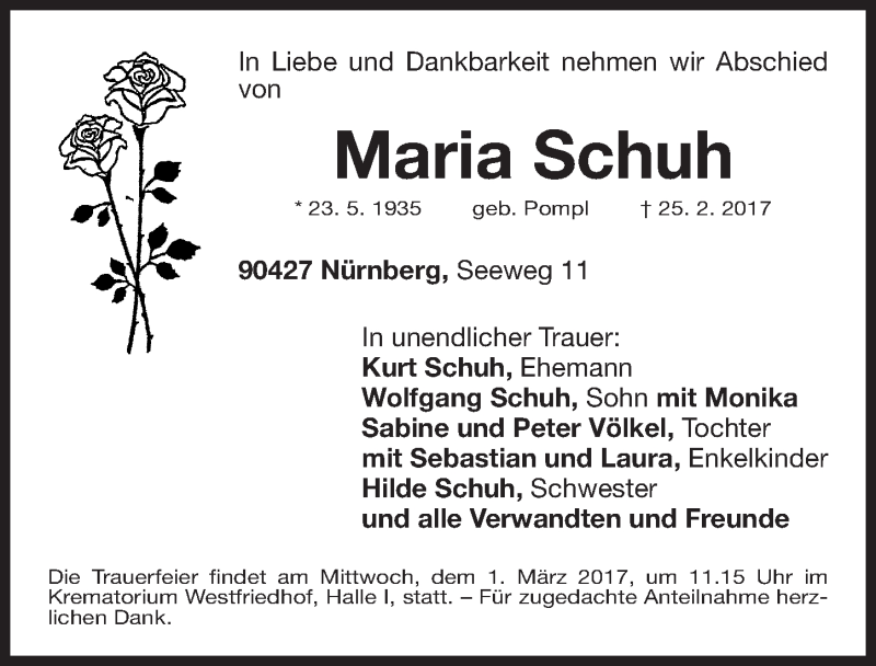  Traueranzeige für Maria Schuh vom 27.02.2017 aus Gesamtausgabe Nürnberger Nachrichten/ Nürnberger Ztg.