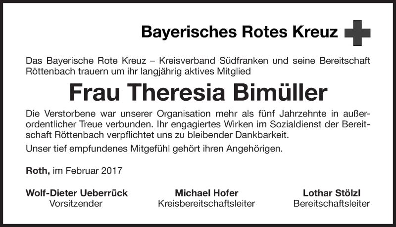  Traueranzeige für Theresia Bimüller vom 22.02.2017 aus Roth-Hilpoltsteiner Volkszeitung Lokal