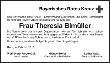 Traueranzeige von Theresia Bimüller von Roth-Hilpoltsteiner Volkszeitung Lokal