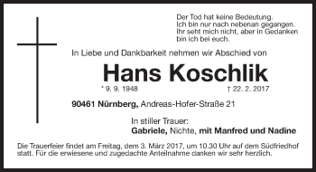 Traueranzeige von Hans Koschlik von Gesamtausgabe Nürnberger Nachrichten/ Nürnberger Ztg.