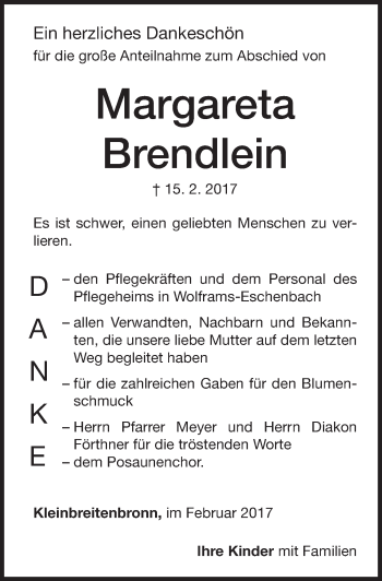 Traueranzeige von Margareta Brendlein von Altmühl-Bote Lokal