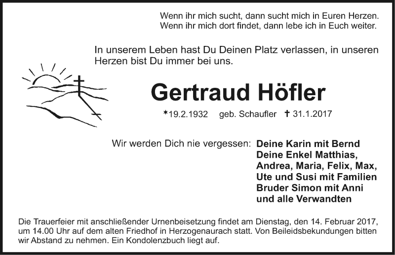  Traueranzeige für Gertraud Höfler vom 04.02.2017 aus Nordbayerische Nachrichten Herzogenaurach Lokal