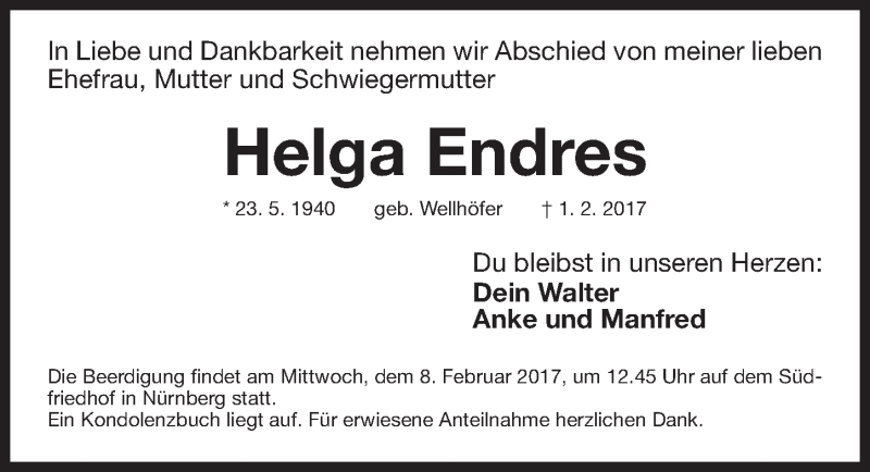 Traueranzeige für Helga Endres vom 04.02.2017 aus Gesamtausgabe Nürnberger Nachrichten/ Nürnberger Ztg.