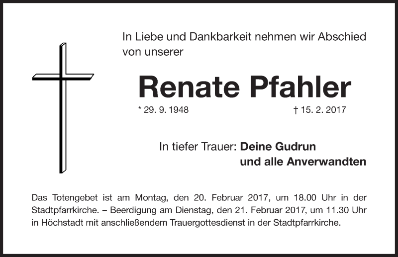  Traueranzeige für Renate Pfahler vom 18.02.2017 aus Nordbayerische Nachrichten Herzogenaurach Lokal