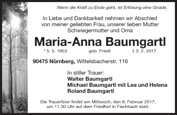 Traueranzeige von Maria-Anna Baumgartl von Gesamtausgabe Nürnberger Nachrichten/ Nürnberger Ztg.