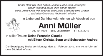 Traueranzeige von Anni Müller von Gesamtausgabe Nürnberger Nachrichten/ Nürnberger Ztg.