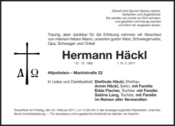 Traueranzeige von Hermann Häckl von Roth-Hilpoltsteiner Volkszeitung Lokal