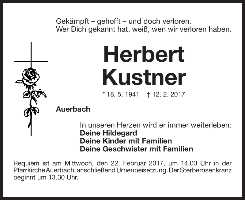  Traueranzeige für Herbert Kustner vom 18.02.2017 aus Nordbayerische Nachrichten Pegnitz Lokal