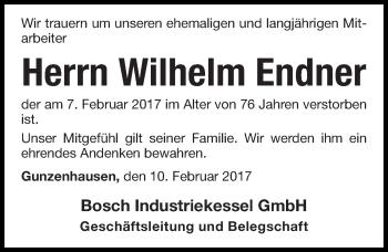 Traueranzeige von Wilhelm Endner von Altmühl-Bote Lokal