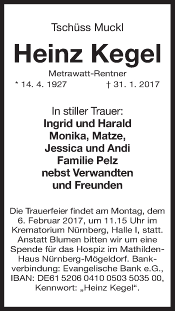 Traueranzeige von Heinz Kegel von Gesamtausgabe Nürnberger Nachrichten/ Nürnberger Ztg.