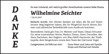 Traueranzeige von Wilhelmine Seichter von Fürther Nachrichten Lokal