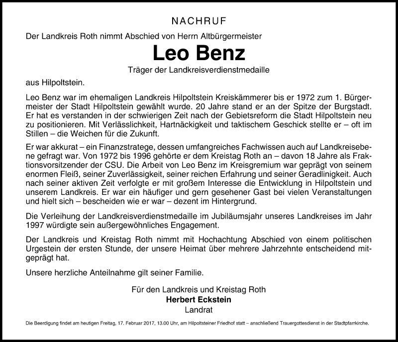  Traueranzeige für Leodegar Benz vom 17.02.2017 aus Schwabach