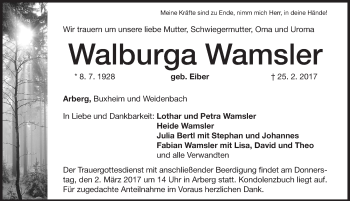 Traueranzeige von Walburga Wamsler von Altmühl-Bote Lokal