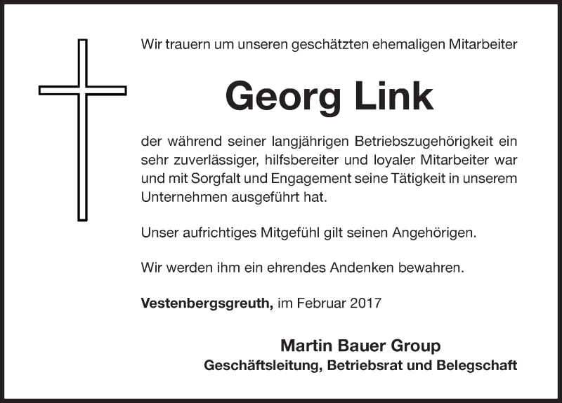  Traueranzeige für Georg Link vom 08.02.2017 aus Nordbayerische Nachrichten Herzogenaurach Lokal