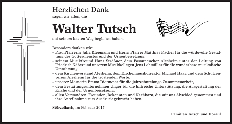  Traueranzeige für Walter Tutsch vom 23.02.2017 aus Altmühl-Bote Lokal