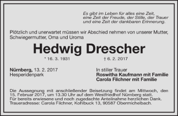 Traueranzeige von Hedwig Drescher von Gesamtausgabe Nürnberger Nachrichten/ Nürnberger Ztg.