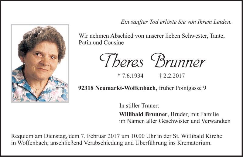  Traueranzeige für Theres Brunner vom 04.02.2017 aus Neumarkter Nachrichten Lokal