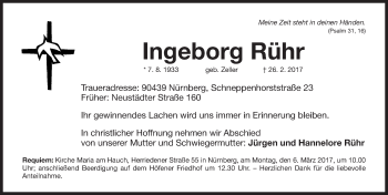 Traueranzeige von Ingeborg Rühr von Gesamtausgabe Nürnberger Nachrichten/ Nürnberger Ztg.