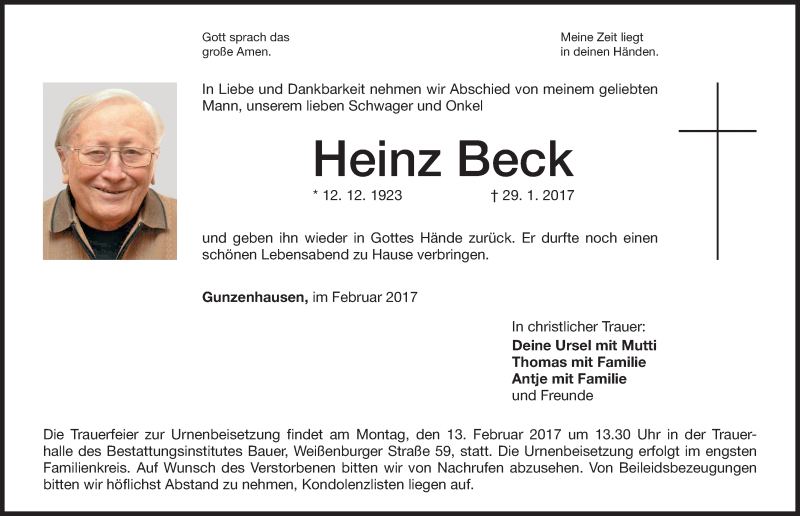  Traueranzeige für Heinz Beck vom 11.02.2017 aus Altmühl-Bote Lokal