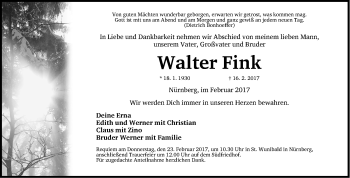 Traueranzeige von Walter Fink von Gesamtausgabe Nürnberger Nachrichten/ Nürnberger Ztg.
