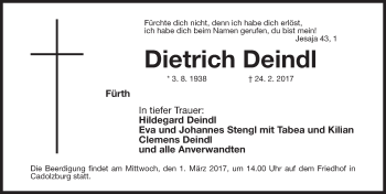 Traueranzeige von Dietrich Deindl von Fürther Nachrichten Lokal