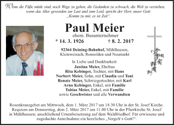 Traueranzeige von Paul Meier von Neumarkter Nachrichten Lokal