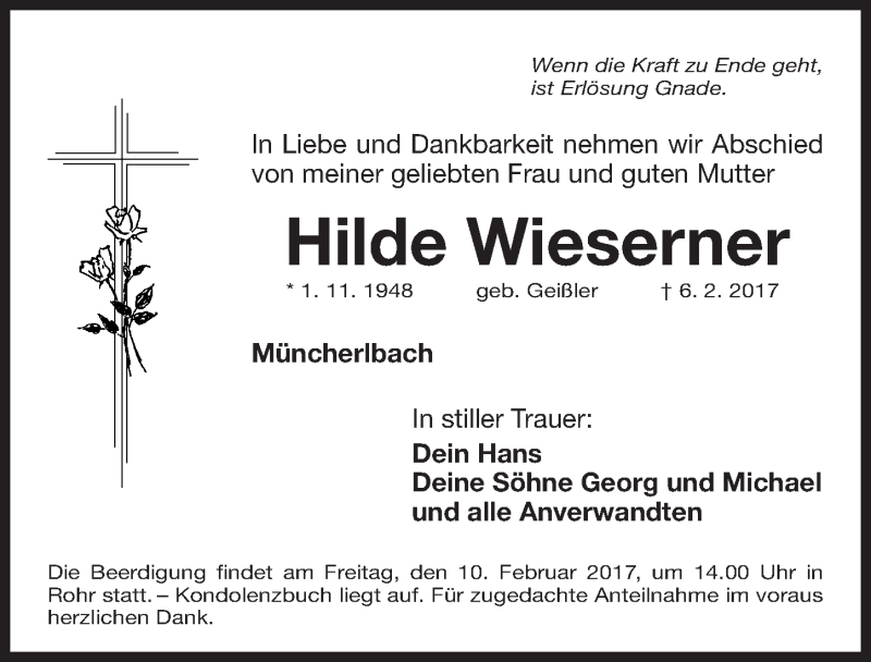  Traueranzeige für Hilde Wieserner vom 08.02.2017 aus Gesamtausgabe Nürnberger Nachrichten/ Nürnberger Ztg.