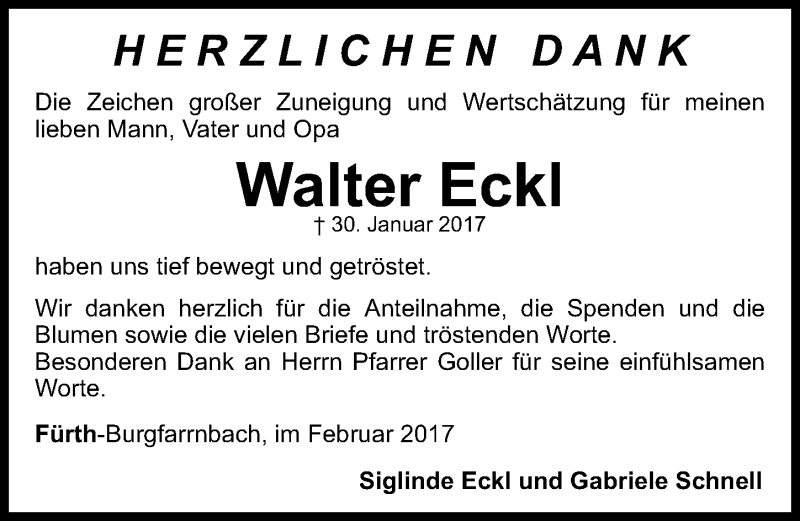 Traueranzeige für Walter Eckl vom 11.02.2017 aus Fürther Nachrichten Lokal