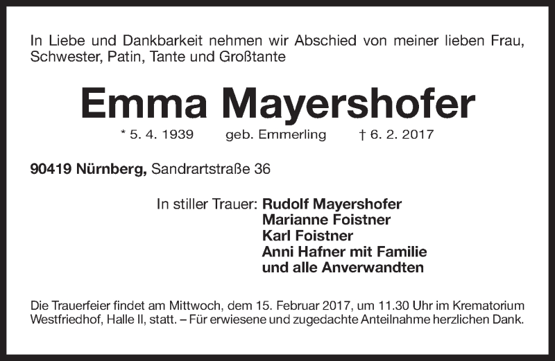  Traueranzeige für Emma Mayershofer vom 13.02.2017 aus Gesamtausgabe Nürnberger Nachrichten/ Nürnberger Ztg.