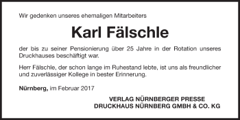 Traueranzeige von Karl Fälschle von Gesamtausgabe Nürnberger Nachrichten/ Nürnberger Ztg.