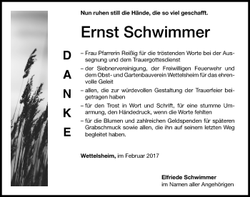 Traueranzeige von Ernst Schwimmer von Altmühl-Bote Lokal