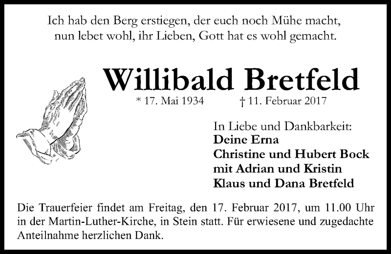  Traueranzeige für Willibald Bretfeld vom 15.02.2017 aus Fürther Nachrichten Lokal