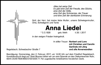 Traueranzeige von Anna Liedel von Schwabach