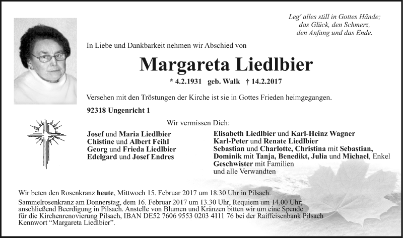  Traueranzeige für Margareta Liedlbier vom 15.02.2017 aus Neumarkter Nachrichten Lokal