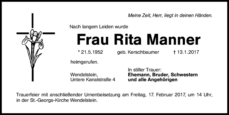  Traueranzeige für Rita Manner vom 11.02.2017 aus Schwabach