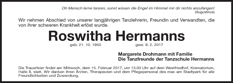  Traueranzeige für Roswitha Hermanns vom 11.02.2017 aus Gesamtausgabe Nürnberger Nachrichten/ Nürnberger Ztg.