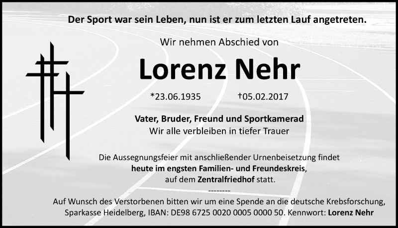  Traueranzeige für Lorenz Nehr vom 21.02.2017 aus Erlanger Nachrichten Lokal