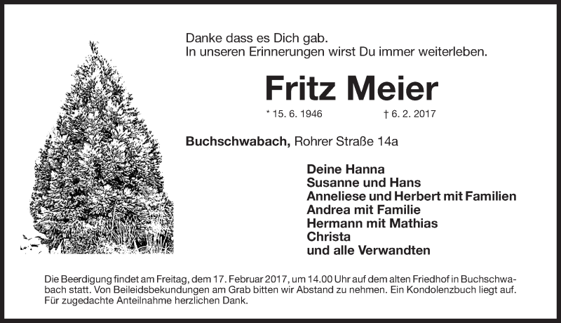  Traueranzeige für Fritz Meier vom 14.02.2017 aus Fürther Nachrichten Lokal