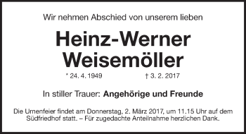 Traueranzeige von Heinz-Werner Weisemöller von Gesamtausgabe Nürnberger Nachrichten/ Nürnberger Ztg.