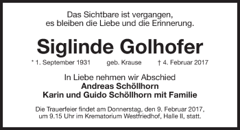 Traueranzeige von Siglinde Golhofer von Gesamtausgabe Nürnberger Nachrichten/ Nürnberger Ztg.