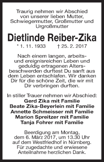 Traueranzeige von Dietlinde Reiber-Zika von Gesamtausgabe Nürnberger Nachrichten/ Nürnberger Ztg.