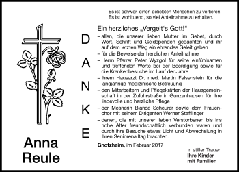 Traueranzeige von Anna Reule von Altmühl-Bote Lokal